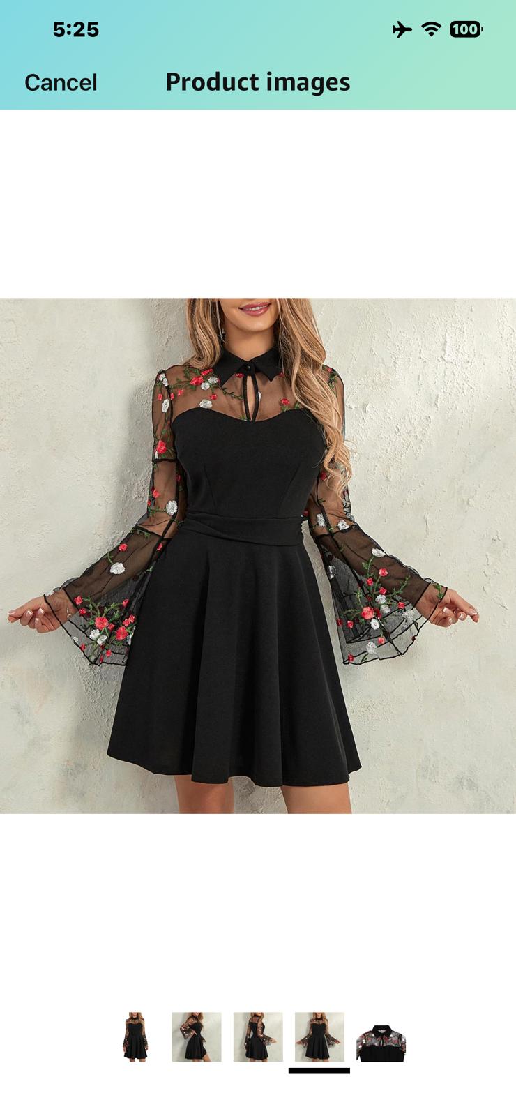 Women's Embroidery Floral Midi Dress Mesh Patchwork Puff Sleeve Lapel Collar XL