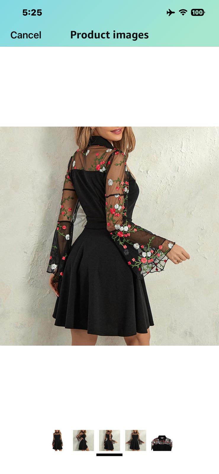 Women's Embroidery Floral Midi Dress Mesh Patchwork Puff Sleeve Lapel Collar XL