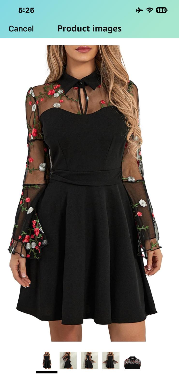 Women's Embroidery Floral Midi Dress Mesh Patchwork Puff Sleeve Lapel Collar XL