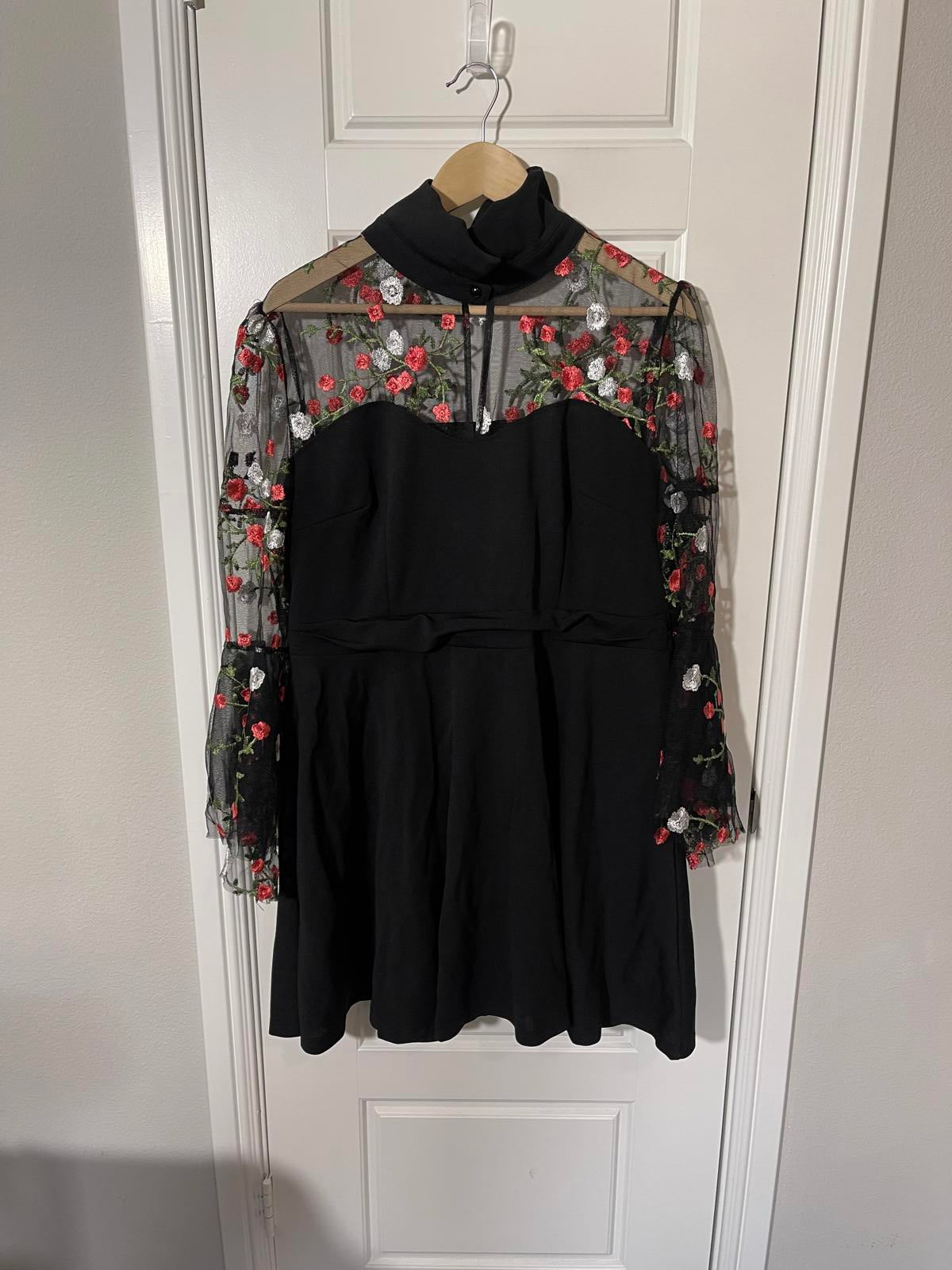 Women's Embroidery Floral Midi Dress Mesh Patchwork Puff Sleeve Lapel Collar XL