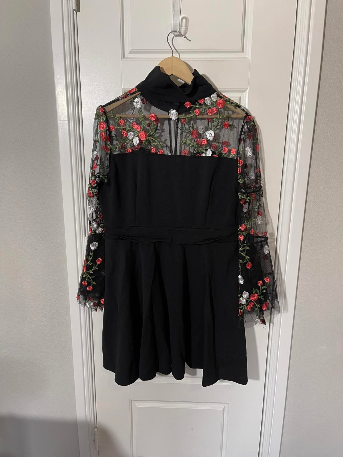 Women's Embroidery Floral Midi Dress Mesh Patchwork Puff Sleeve Lapel Collar XL